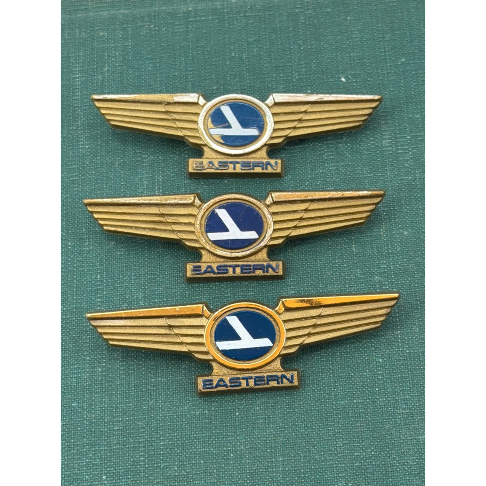 Vintage Eastern Airlines Junior Pilot Wings Pin Set Stoffel Seals Gold Blue 3pc